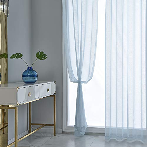 Baby Blue Sheer Curtains 84 Inch Length Set 2 Panels For Bedroom Faux Linen Sheer Drapes Solid Luxury Grommet Light Blue Textured Sheer Curtains For Living Room Basement Windows 52 X84 Inches Long #TOP2