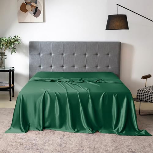 THXSILK Pure Silk Flat Sheet, 100% 7A+ Silk Bedding Flat Sheet, Ultra Soft, Breathable, Wrinkle - Free, Easy Care, Emerald Green, Twin