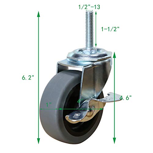 Aagut Caster Wheels,4 Inch Rubber Heavy Duty 1/2"-13 X 1-1/2" Threaded Stem Mount Industrial Castors, Locking Brakes Metal Swivel Wheel,Replacement For Carts Furniture Dolly Workbench Trolley,Set Of 4 #TOP1