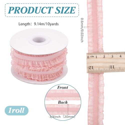 FINGERINSPIRE 10 Yards Double Ruffle Lace Trim Pink 3/4 inch Wide Ruffle Stretch Elastic Edging Trim Pleated Fabric Lace Ribbon for DIY Dress Headwear Decoration and Gift Wrapping