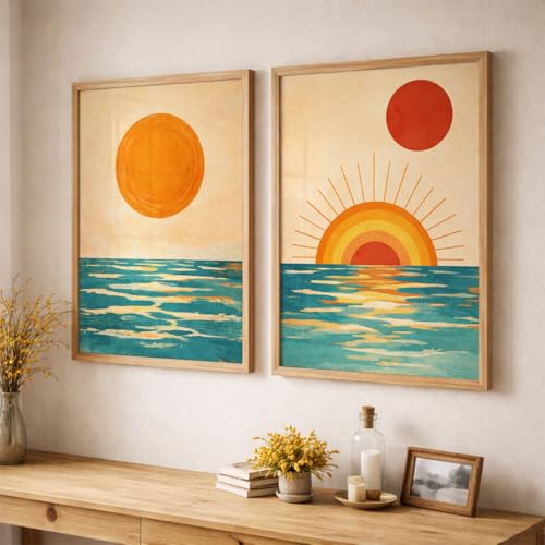 Image of TheMakerly Set of 2 Sunset Ocean Framed Wall Painting for Living Room | Modern Abstract Sun Wall Art | Aesthetic Coastal Sea Wall Decor Frames for Bedroom, Hall & Office