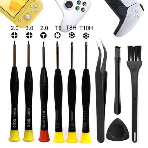 Cleaning Repair Tool Kit for Playstation PS Xbox Switch Controller and Console, Crossed Screwdriver PH00(+2.0) PH0(+3.0) and Y2.0, Torx Security Screwdriver Set T6 T8H T10H, Tweezer,Crowbar(Kit-10pcs)