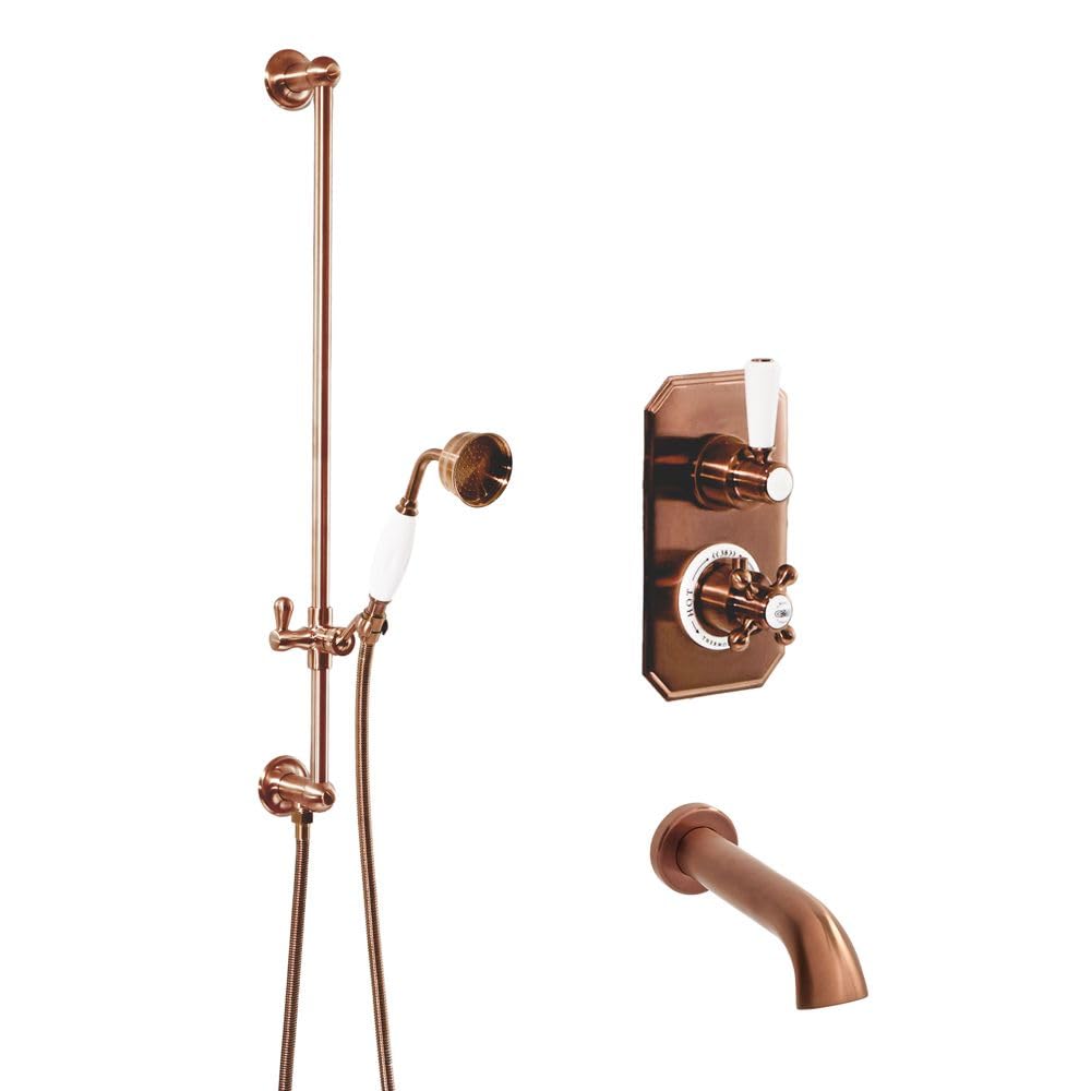 Milano Brushed Copper Elizabeth Thermostatic Mixer Valve Riser Rail Bath Spout