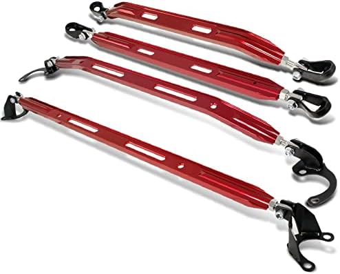 HYPERSPEED Strut Bar Front+Rear+Upper+Lower Tower Brace Bar 4PCS CNC Aluminum Fit for Honda Civic/CRX/Civic Del Sol Fit for Acura Integra, Automotive Replacement (All 4PCS w/ 27" Rear Lower, Red)