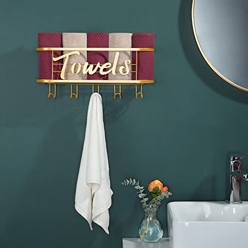 Towel Rack Wall Mounted - Gold Rolled Towel Holder With 5 Towel Hooks Metal Bath Towel Holder For Folded Large Towel #TOP3