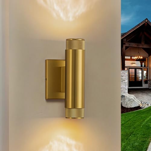 Image of 9 Inch Modern Outdoor Wall Light, Waterproof Gold Up and Down Exterior Wall Sconce, 2-Light Porch Light Fixture for Patio, Garage, Front Door