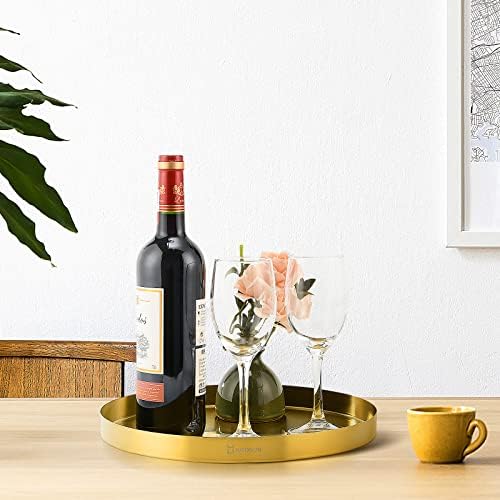 Gold Tray Round Serving Platter - Metal Decorative Plate for Coffee Table Centerpieces Perfume Vanity Jewellry Display Cosmetic Storage Counter Bathroom Bar Club Lounge Accessory (8"W)