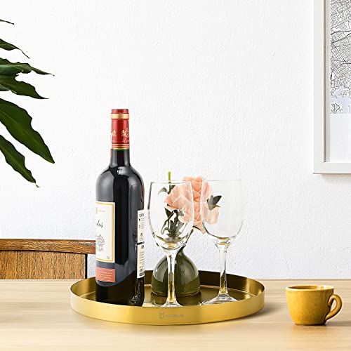 Gold Tray Round Serving Platter - Metal Decorative Plate For Bar Club Lounge Coffee Table Centerpieces Perfume Vanity Jewelry Display Cosmetic Storage Counter Bathroom Organizer (12" W X 3/4" H) #TOP3