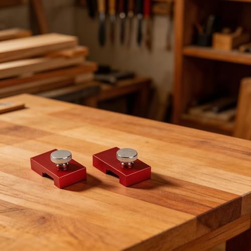 Lot de 2 adaptateurs de rail de défonceuse en aluminium avec bloc d'arrêt pour gabarit de coupe droite, pour le travail du bois, support de limite de rail de guidage pour coupe et rainurage, rouge – vue 6