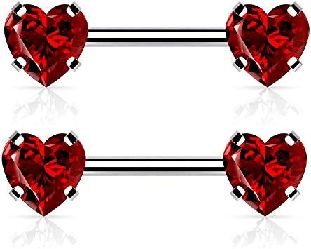 Pierced Owl 14G Stainless Steel Threadless Push-in Prong Set Crystal Heart Nipple Rings, Sold as a Pair (Silver Tone/Red)