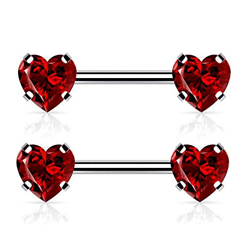 Pierced Owl 14G Stainless Steel Threadless Push-In Prong Set Crystal Heart Nipple Rings, Sold As A Pair (Silver Tone/Red) #TOP3