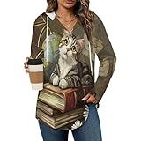 Cat Book Hoodies for Women V Neck Pullover Sweatshirts Long Sleeve Shirts Fashion Tops
