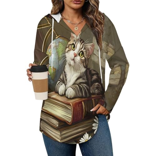 Cat Book Hoodies for Women V Neck Pullover Sweatshirts Long Sleeve Shirts Fashion Tops