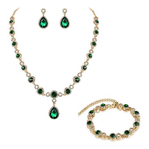 Clearine St Patricks Day Jewellery Teardrop Diamante Crystal Y-Necklace Link Bracelet Dangle Earrings Set, Statement Costume Jewellery for Prom Party Emerald Colour Gold-Tone Cover