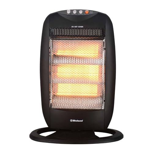 Belaco Halogen electric Heater portable heater with 3 Heat Settings 3 Bar resistant base 1200W 90 Degree Oscillation Compact Carry Handle Safety Tip Over Switch Black