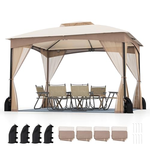 COSTWAY 3m x 3m/3.6m x 3m Garden Gazebo, Double Roof Patio Pavilion Tent with Netting Sidewalls and 4 Sandbags, Heavy Duty Waterproof Marquee Canopy Shelter (Khaki, 365 x 300 x 286 cm)