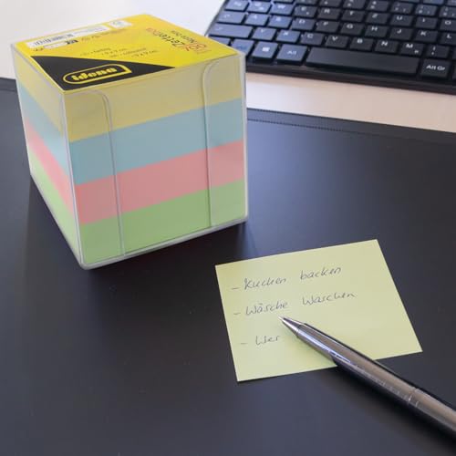 Idena 11183 - Zettelbox, transparent, 9 x 9 x 8 cm, inkl. 700 Blatt Zettelblock, FSC-Mix Papier in 4 Farben
