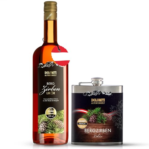 Berg Zirbenlikör 25% vol. / 1 Liter + Flachmann 0,2 l gefüllt/Original Zirben-Likör aus den Alpen/Echtes aus den Bergen/Aus Österreich - mit 2 Gratis-Proben