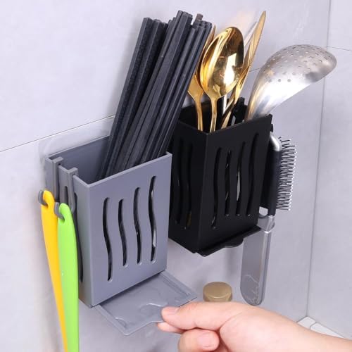 Image of Multifunctional Kitchen Utensil Rack Draining Chopstick Holder Wall-Mounted Freestanding Cutlery Storage Box (Black)