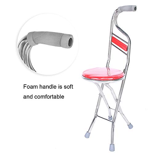 Folding Cane Seat, Stainless Steel Hand Stick Stool Crutch For Women And Men, Anti-Slip Four-Leg Thickening Walking Stick For Elderly Outdoor Travel Aids(Red) #TOP21