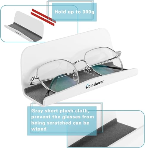 Image of Acrylic Home Office Wall-Mounted Reading Glasses Holder, Sunglasses Glasses Wall Shelves, Eyeglasses Display Rack, Glasses Organizer with Adhesive Tape for Bedroom, Living Room, Entryway (White)