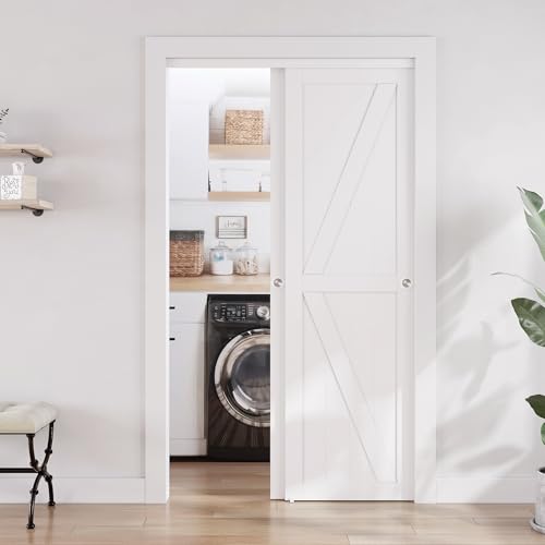 SMARTSTANDARD Closet Sliding Door, 48"×80"(Double Barn Doors 25"), Double K Shape Sliding Door with Hardware Kit, Pre-Drilled Doors Panel, Need to Assemble, MDF with PVC Surface, White 48"(D
