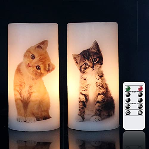 Eldnacele Flameless Flickering Candles Cute Cat Decal With Remote Control And Timer, Battery Operated Real Wax Pillar Led Candles Pack Of 2 For Home, Party, Christmas Decoration, Gift For Kids #TOP23