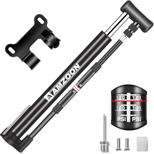 AMZOON Bike Pump with Pressure Gauge Mini Bicycle Pump with 250mm Extra Long Hose Fits Presta & Schrader Valves