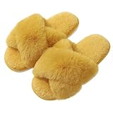 Evshine Women's Fuzzy Slippers Cross Band Memory Foam House Slippers Open Toe, Yellow, 38-39 (Size 7-8)