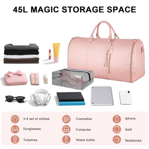 Ytonet Rolling Garment Bags for Travel, Convertible Carry On PU Leather Travel Bag 2.0 Roller Edition, 3 in 1 Suit Garment Duffle Bag with Wheels and Shoe Pouch for Business Wedding Overnight, Pink - Thumbnail 3