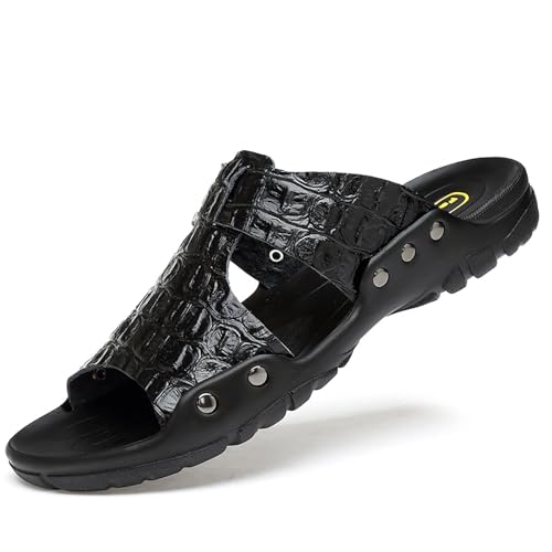Forevercan Men'S Genuine Leather Alligator Printed Flat Sandals Fashion Round Open Toe Slip-On Soft Sole Male Slide Sandals Summer Leisure Non-Slip Beach Sandals (Black,15)