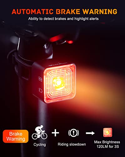 Semaho Smart Bike Lights Set USB Rechargeable, Brake Sensor Bicycle Safty Front Headlight and Back Taillight, IP66 Waterproof, 5 Light Modes, One-Piece Aluminum Alloy Easy to Install,23 Hrs Long Batt