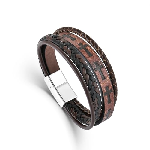 Pulsera de cuero trenzada para hombre con cruz miniatura 1