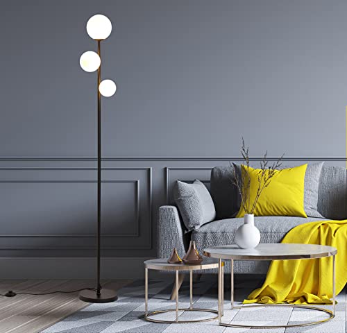 3 Globe Mid Century Floor Lamp, 3 Lights Black Floor Lamp For Living Room Led Bulbs Included With Warm Lighting, Modern Standing Lamp Farmhouse Retro Home Decor For Bedrooms Office - Matte Black #TOP19