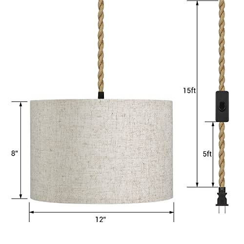 Edishine 2 Pack Plug In Pendant Light, Hanging Light With 15Ft Hemp Rope Cord, Beige Linen Shade, On/Off Switch, Pendant Light Fixtures For Bedroom, Living Room, Kitchen, Dining Table #TOP4