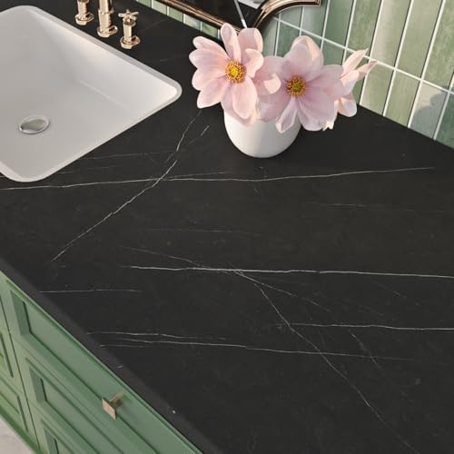 Image of Livelynine Black Marble Wallpaper Peel and Stick Countertops Waterproof Black Countertop Contact Paper Desk Vinyl Wrap Self Adhesive Renter Friendly Counter Top Covers for Kitchen Bathroom 15.8x78.8