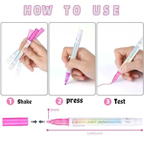 OLINGYOU Outline Marker, 12 Outline Pens Metallic Colored, Arts Crafts Supplies. Glitter Markers For Easter Basket Stuffers — view 3