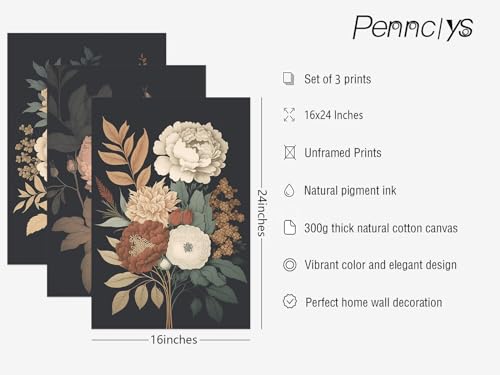 Pennclys Vintage Flower Wall Art Dark Floral Canvas Wall Art Botanical Farmhouse Prints Black Flower Pictures Wall Decor Moody Floral Artwork Painting for Living Room Bedroom 16x24x3 Inch Unframed by Pennclys - Used condition - Image 2