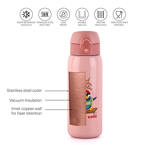 Image of CELLO Junior Insulated Stainless Steel Kids Flask 475 ml, Pink | Wide Mouth Rust Resistant, Spillproof & Leakproof Double Wall Vacuum Insulated Hot & Cold Thermosteel Kids Water Bottle for School