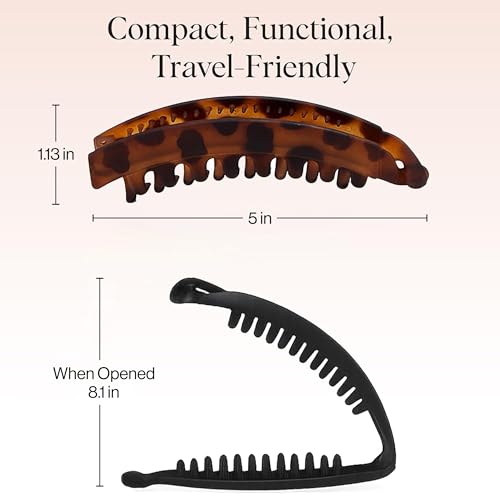 Kitsch Banana Clips For Women - Retro 80s Style Banana Hair Clips | Secure & Durable, No Crease Hair Accessories for Women | Styling, Ponytails & Updos | Ideal - Black & Tort, 2pcs