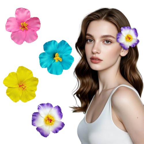 CAVIXO 4 Barrettes cheveux fleurs hibiscus, bleu, violet, jaune, rose | Accessoires cheveux floraux pour plage, fête ou mariage