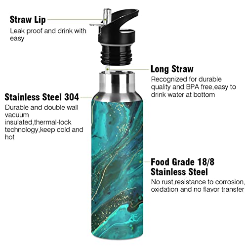 Zzkko Green Marble Water Bottle With Straw Stainless Steel Iron Flask Capsule Water Bottle Daily Water Intake Bottle Thermos Cups No Spill For Hiking & Biking 32Oz/1000Ml #TOP2