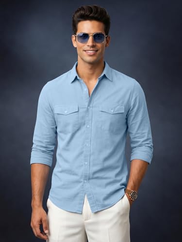 Image of Veirdo Men's Pure Cotton Utility Shirt | Full Sleeve Casual Button-Down with Dual Chest Pockets | Stylish & Comfortable Everyday Wear | Colors: Beige, Black, Maroon, Olive, Rust & White