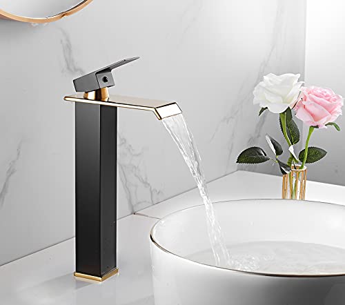 Bathroom Vessel Faucet Black Gold Waterfall One Hole Bowl Sink Faucet Bathroom Faucets Tall Single Handle Bath Vanity Lavatory Deck Mount Supply Lines Hose Commercial #TOP3