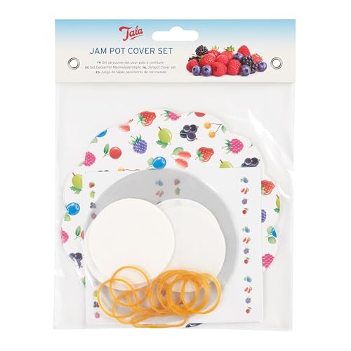 Tala Everyday Fruit Design Jam Pot Cover Set, Complete Jam Jar Sealing & Labelling Kit with Decorative Covers, Labels, Wax & Cellophane Discs, Elastic Bands, Ideal for Homemade Preserves & Gifts