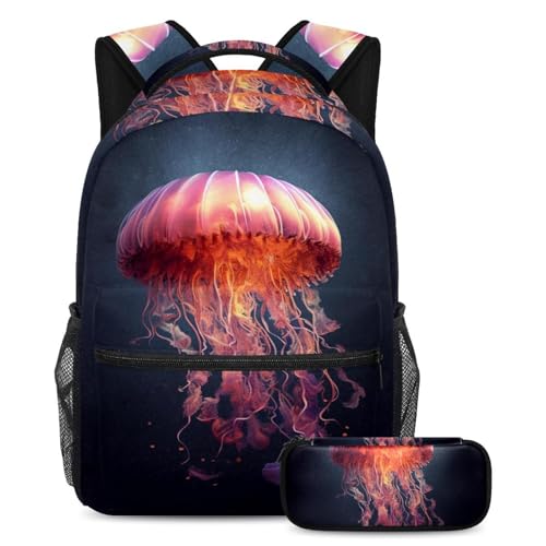 Cartable méduse rose grand format avec trousse scolaire pour collégien et lycéen