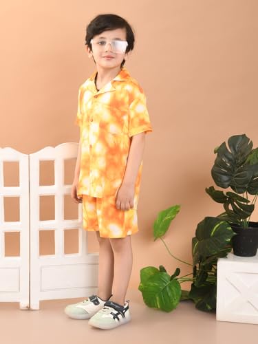Image of superminis Baby Boys Rayon Tie-Dye Printed Co-ord Set With Notched Collar Shirt and Shorts