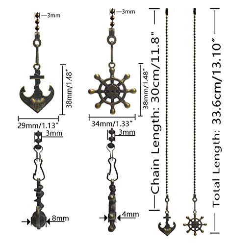 Hyamass 2-Pack Ceiling Fan Pull Chain Extender with Decorative Anchor & Wheel Design - 12Inch Rust-Resistant Metal Chain Pulls, Ball Connector for Fan/Light Fixtures (Bronze)