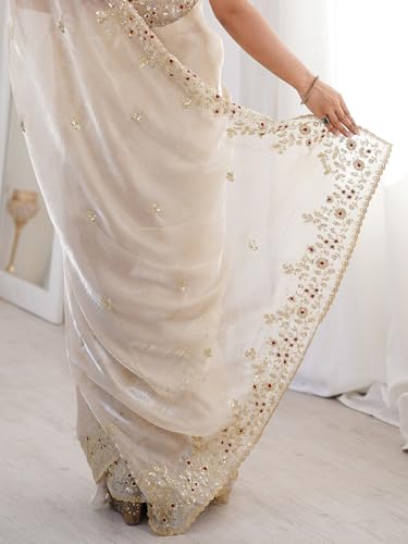 Image of AKHILAM Women's Shimmer Off White Georgette Sequence Embroidery Saree With Unstitched Blouse Piece