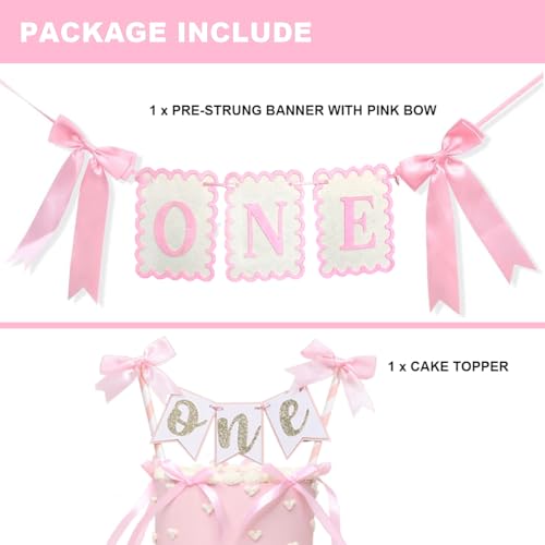 Image of Pink and White Bow ONE High Chair Banner and Cake Topper Sweet Pink Bow Highchair Garland One Happy Birthday Highchair Photo Prop